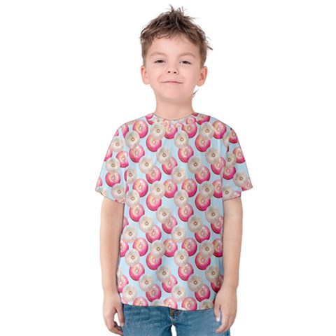 Pink And White Donuts On Blue Kids  Cotton Tee by SychEva