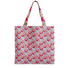 Pink And White Donuts On Blue Zipper Grocery Tote Bag by SychEva