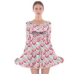 Pink And White Donuts On Blue Long Sleeve Skater Dress by SychEva