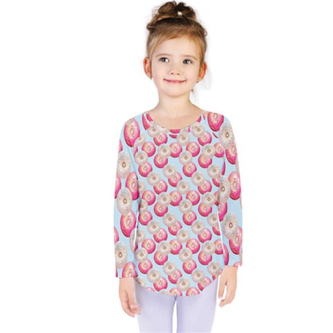 Pink And White Donuts On Blue Kids  Long Sleeve Tee by SychEva