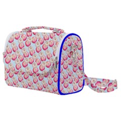 Pink And White Donuts On Blue Satchel Shoulder Bag by SychEva