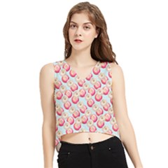 Pink And White Donuts On Blue V-neck Cropped Tank Top