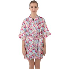 Pink And White Donuts On Blue Half Sleeve Satin Kimono  by SychEva