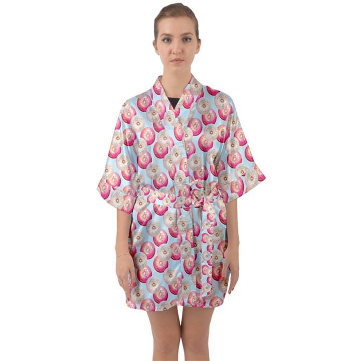 Pink And White Donuts On Blue Half Sleeve Satin Kimono 