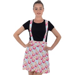 Pink And White Donuts On Blue Velvet Suspender Skater Skirt by SychEva