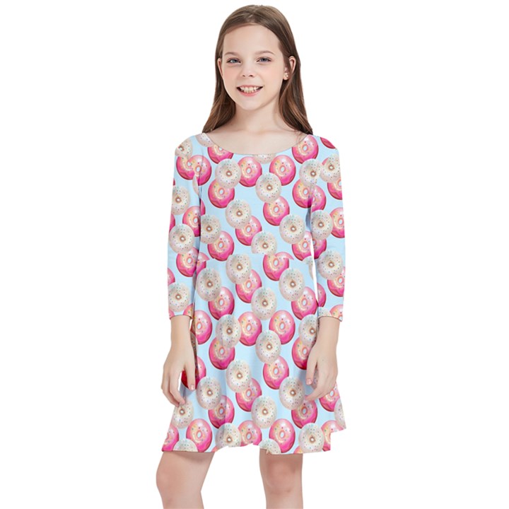 Pink And White Donuts On Blue Kids  Quarter Sleeve Skater Dress