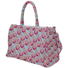 Pink And White Donuts On Blue Duffel Travel Bag by SychEva