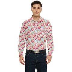 Pink And White Donuts On Blue Men s Long Sleeve Pocket Shirt 