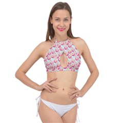 Pink And White Donuts On Blue Cross Front Halter Bikini Top by SychEva