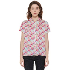 Pink And White Donuts On Blue Short Sleeve Pocket Shirt