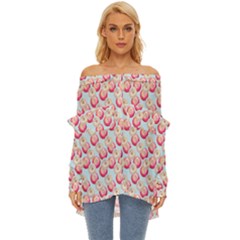 Pink And White Donuts On Blue Off Shoulder Chiffon Pocket Shirt