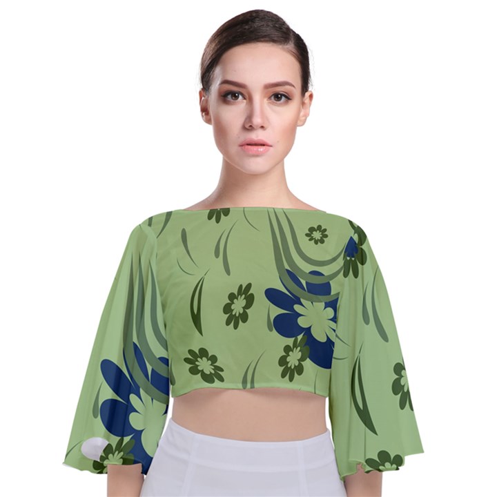 Folk flowers print Floral pattern Ethnic art Tie Back Butterfly Sleeve Chiffon Top