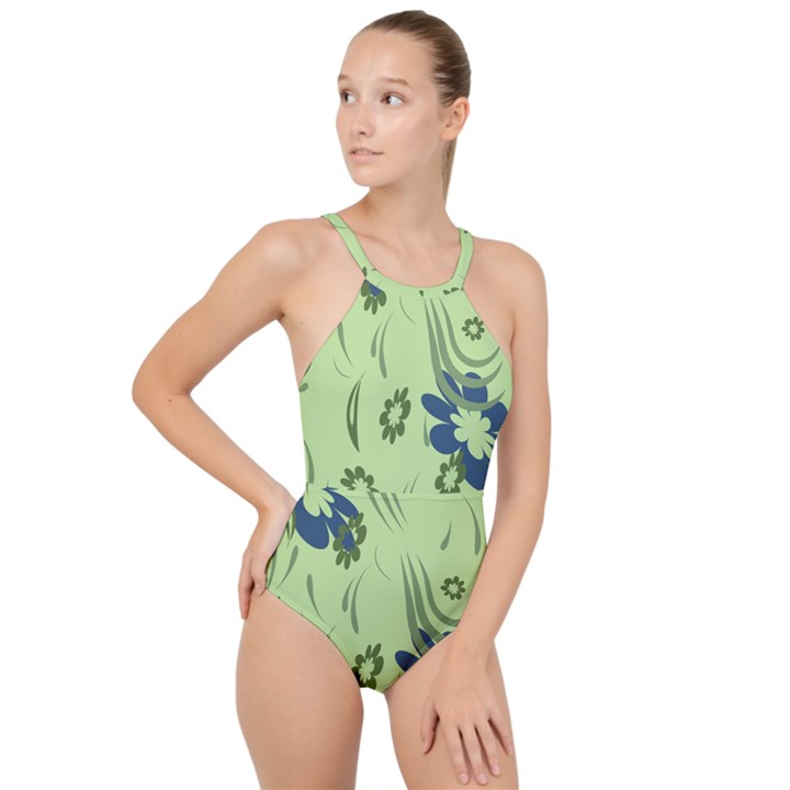 Folk flowers print Floral pattern Ethnic art High Neck One Piece Swimsuit