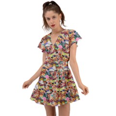 Retro Color Flutter Sleeve Wrap Dress