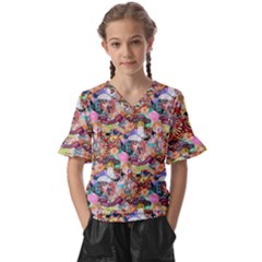 Retro Color Kids  V-neck Horn Sleeve Blouse