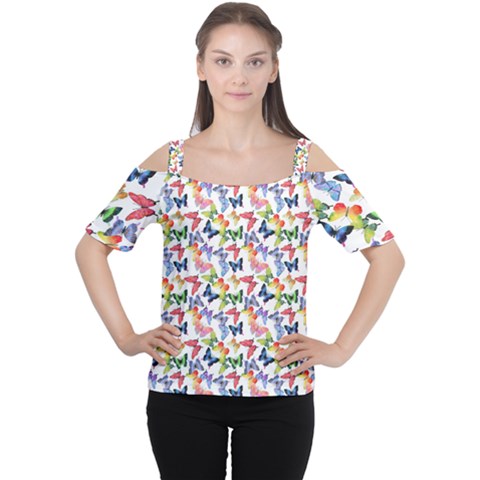 Multicolored Butterflies Cutout Shoulder Tee by SychEva