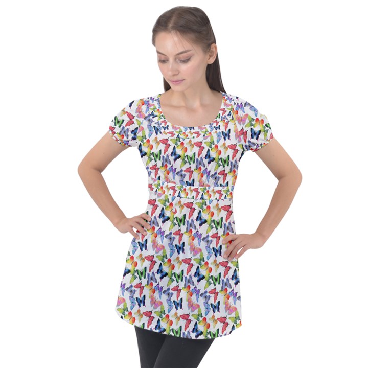 Multicolored Butterflies Puff Sleeve Tunic Top