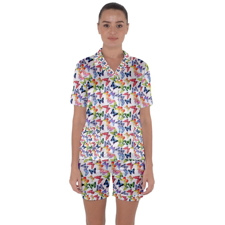 Multicolored Butterflies Satin Short Sleeve Pajamas Set