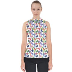 Multicolored Butterflies Mock Neck Shell Top by SychEva