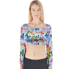 Watercolor Butterflies Long Sleeve Crop Top by SychEva