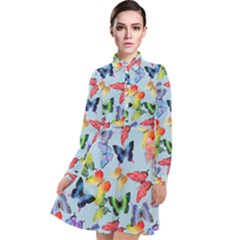 Watercolor Butterflies Long Sleeve Chiffon Shirt Dress by SychEva