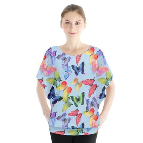 Watercolor Butterflies Batwing Chiffon Blouse by SychEva