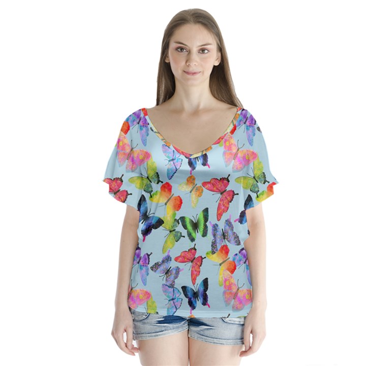 Watercolor Butterflies V-Neck Flutter Sleeve Top