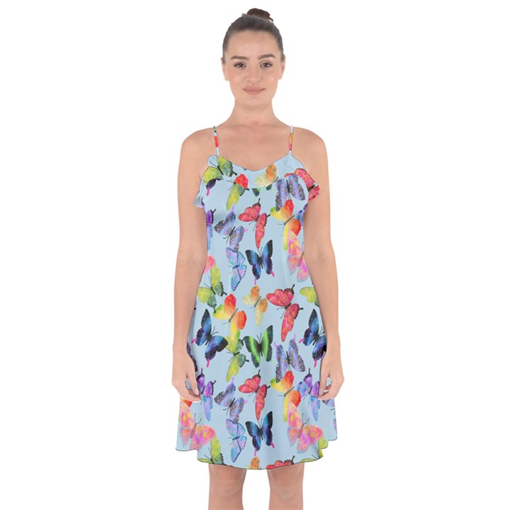 Watercolor Butterflies Ruffle Detail Chiffon Dress