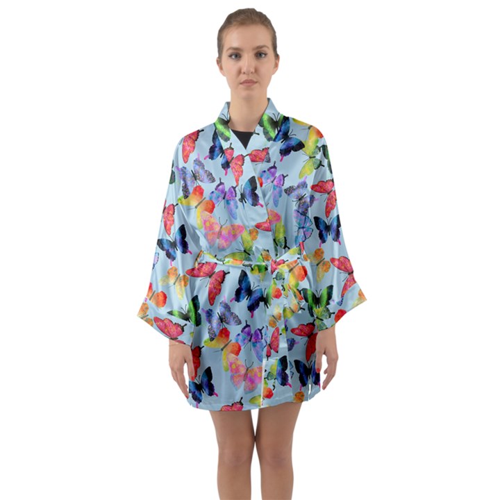 Watercolor Butterflies Long Sleeve Satin Kimono