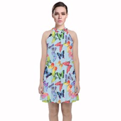 Watercolor Butterflies Velvet Halter Neckline Dress  by SychEva