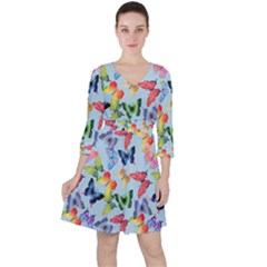 Watercolor Butterflies Quarter Sleeve Ruffle Waist Dress by SychEva