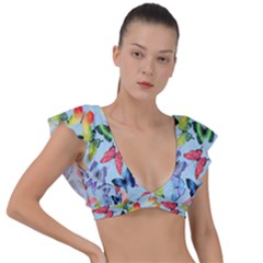 Watercolor Butterflies Plunge Frill Sleeve Bikini Top by SychEva