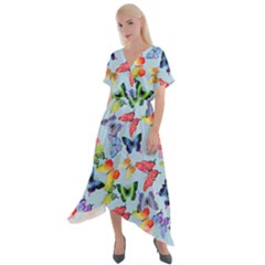 Watercolor Butterflies Cross Front Sharkbite Hem Maxi Dress by SychEva