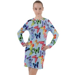 Watercolor Butterflies Long Sleeve Hoodie Dress by SychEva