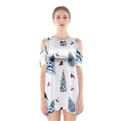 Christmas Trees And Bullfinches Shoulder Cutout One Piece Dress by SychEva