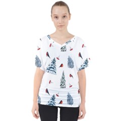 Christmas Trees And Bullfinches V-neck Dolman Drape Top by SychEva