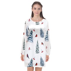 Christmas Trees And Bullfinches Long Sleeve Chiffon Shift Dress  by SychEva