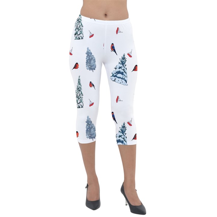 Christmas Trees And Bullfinches Lightweight Velour Capri Leggings 