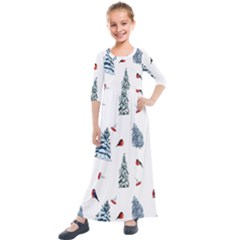 Christmas Trees And Bullfinches Kids  Quarter Sleeve Maxi Dress by SychEva