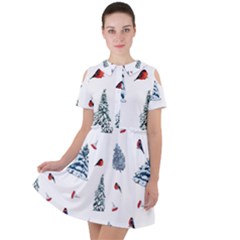 Christmas Trees And Bullfinches Short Sleeve Shoulder Cut Out Dress  by SychEva