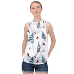 Christmas Trees And Bullfinches High Neck Satin Top