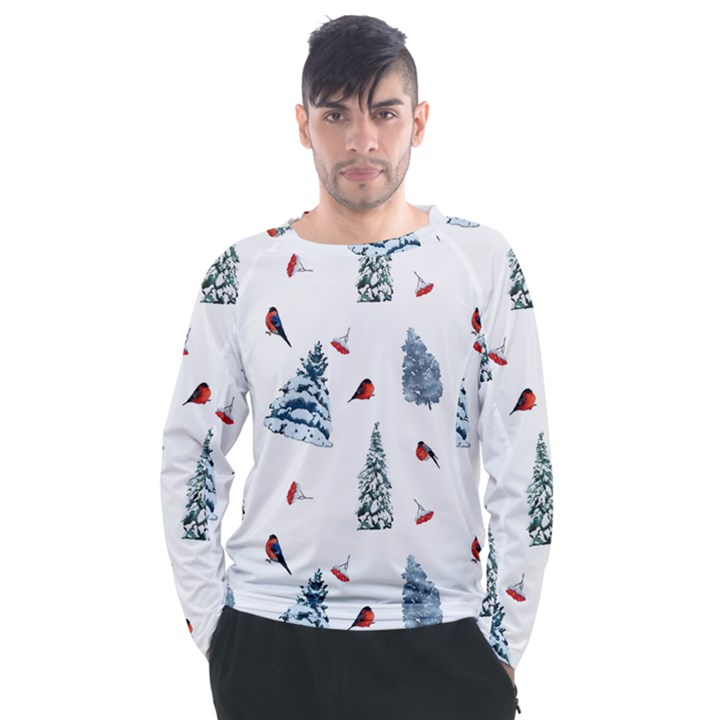 Christmas Trees And Bullfinches Men s Long Sleeve Raglan Tee