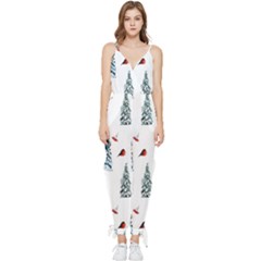 Christmas Trees And Bullfinches Sleeveless Tie Ankle Jumpsuit by SychEva