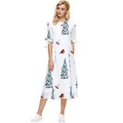 Christmas Trees And Bullfinches Bow Sleeve Chiffon Midi Dress by SychEva