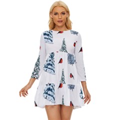 Christmas Trees And Bullfinches Long Sleeve Babydoll Dress by SychEva