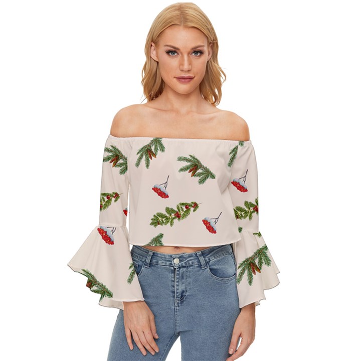 Rowan Branches And Spruce Branches Off Shoulder Flutter Bell Sleeve Top