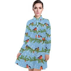 Bullfinches On Spruce Branches Long Sleeve Chiffon Shirt Dress by SychEva