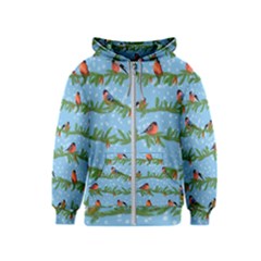 Bullfinches On Spruce Branches Kids  Zipper Hoodie by SychEva