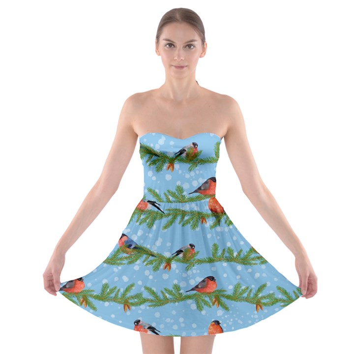 Bullfinches On Spruce Branches Strapless Bra Top Dress