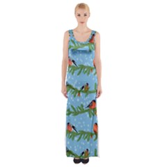 Bullfinches On Spruce Branches Thigh Split Maxi Dress by SychEva